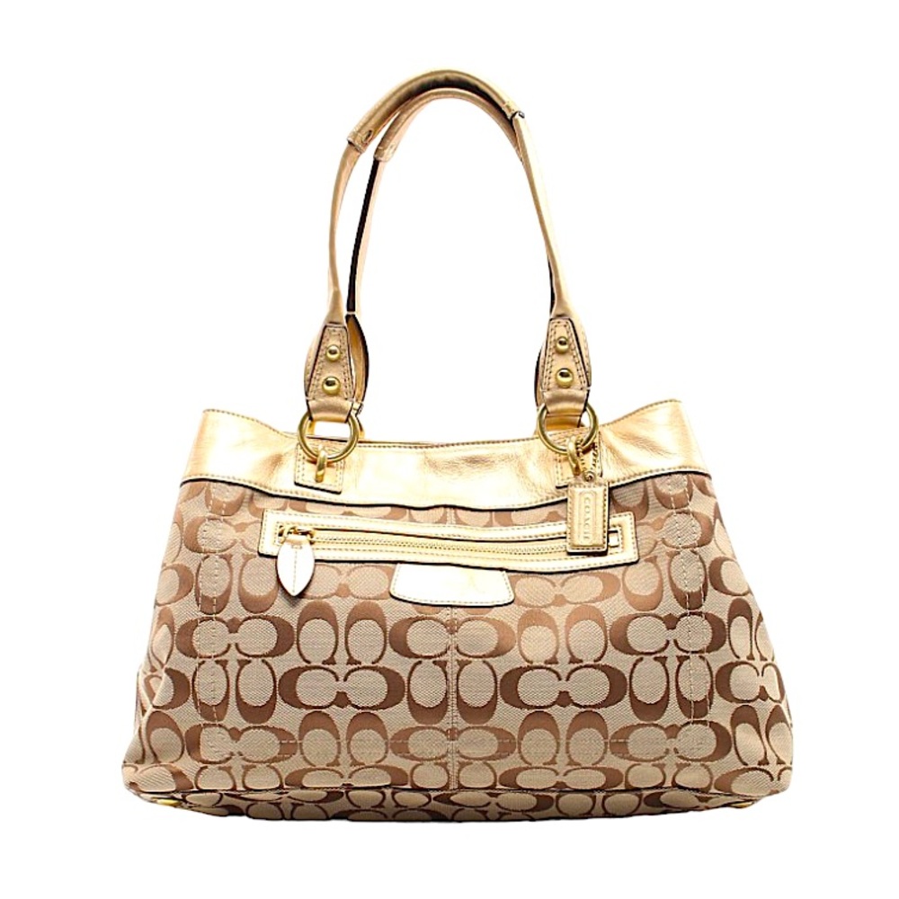 COACH Signature C Jacquard & Leather Satchel in Gold.